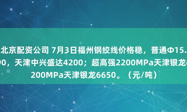 北京配资公司 7月3日福州钢绞线价格稳，普通Φ15.2明光同鑫晟4290，天津中兴盛达4200；超高强2200MPa天津银龙6650。（元/吨）