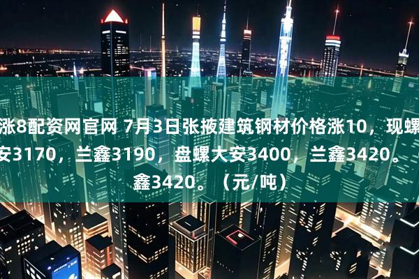 涨8配资网官网 7月3日张掖建筑钢材价格涨10，现螺纹钢大安3170，兰鑫3190，盘螺大安3400，兰鑫3420。（元/吨）
